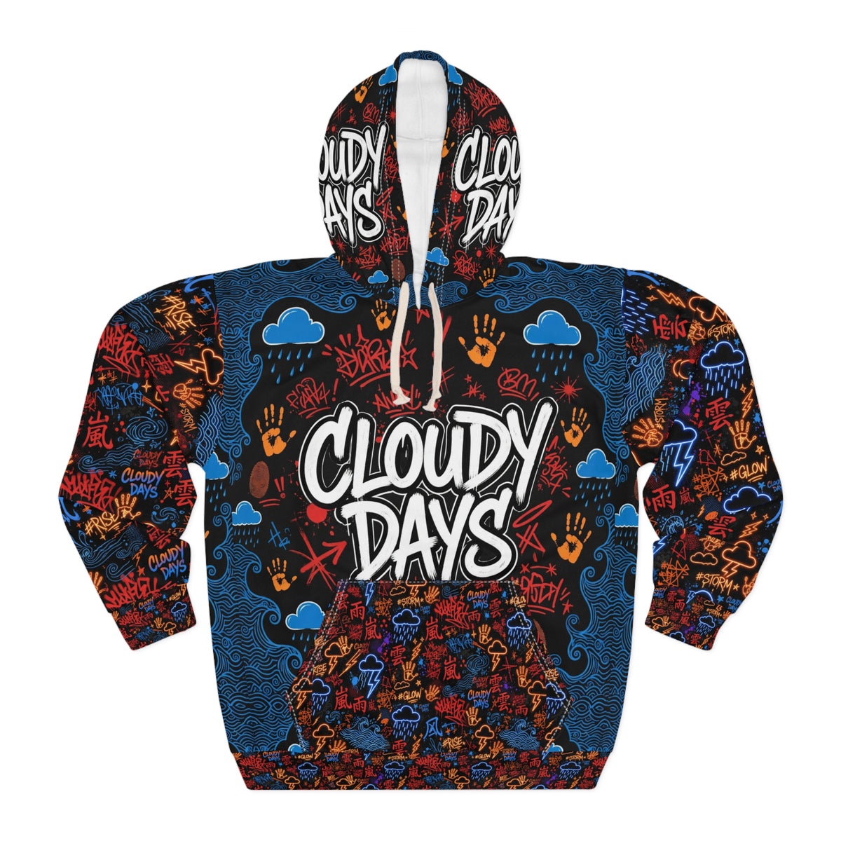 Cloudy Days Graphic Hoodie – All-Over Print Weather Graffiti Pullover