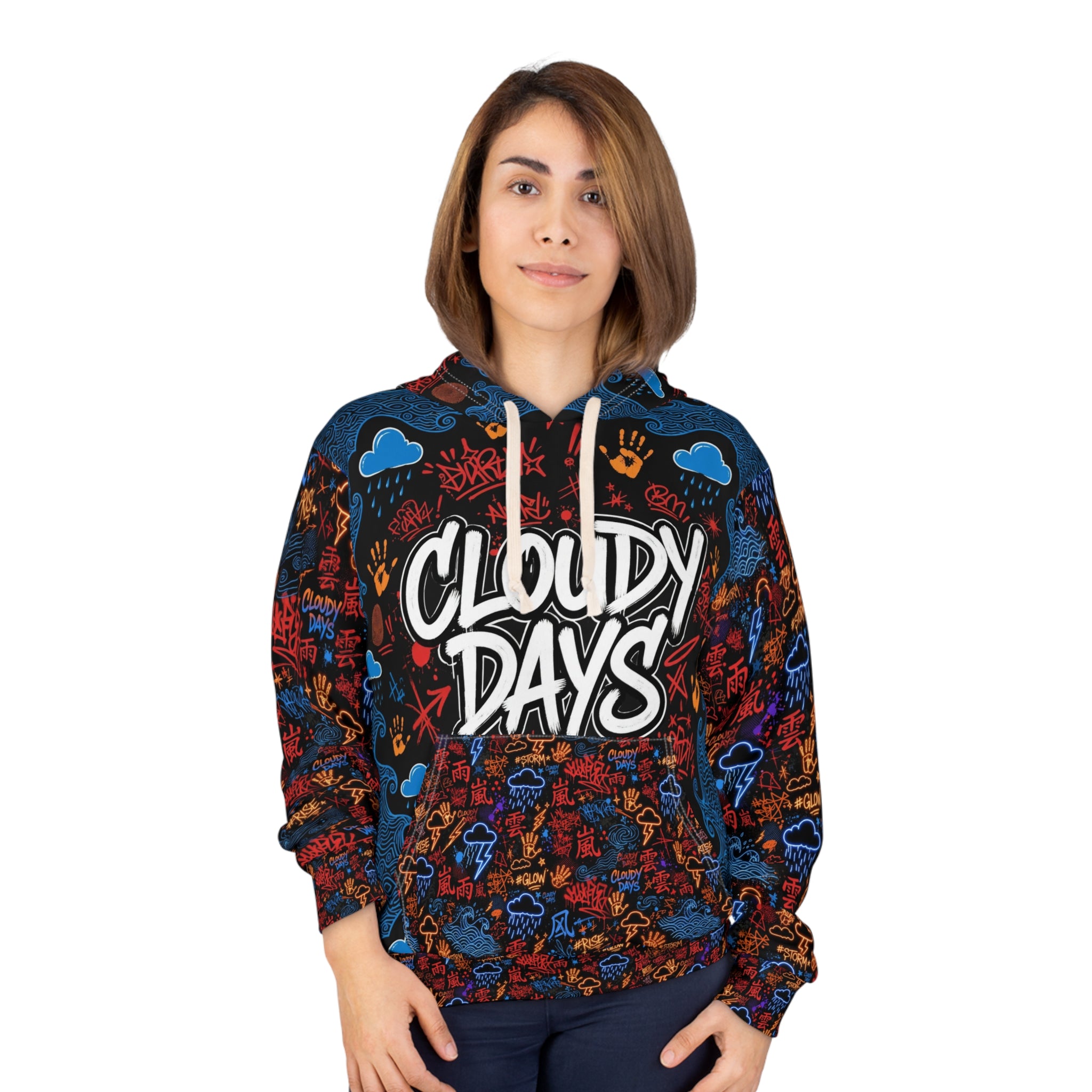 Cloudy Days Graphic Hoodie – All-Over Print Weather Graffiti Pullover