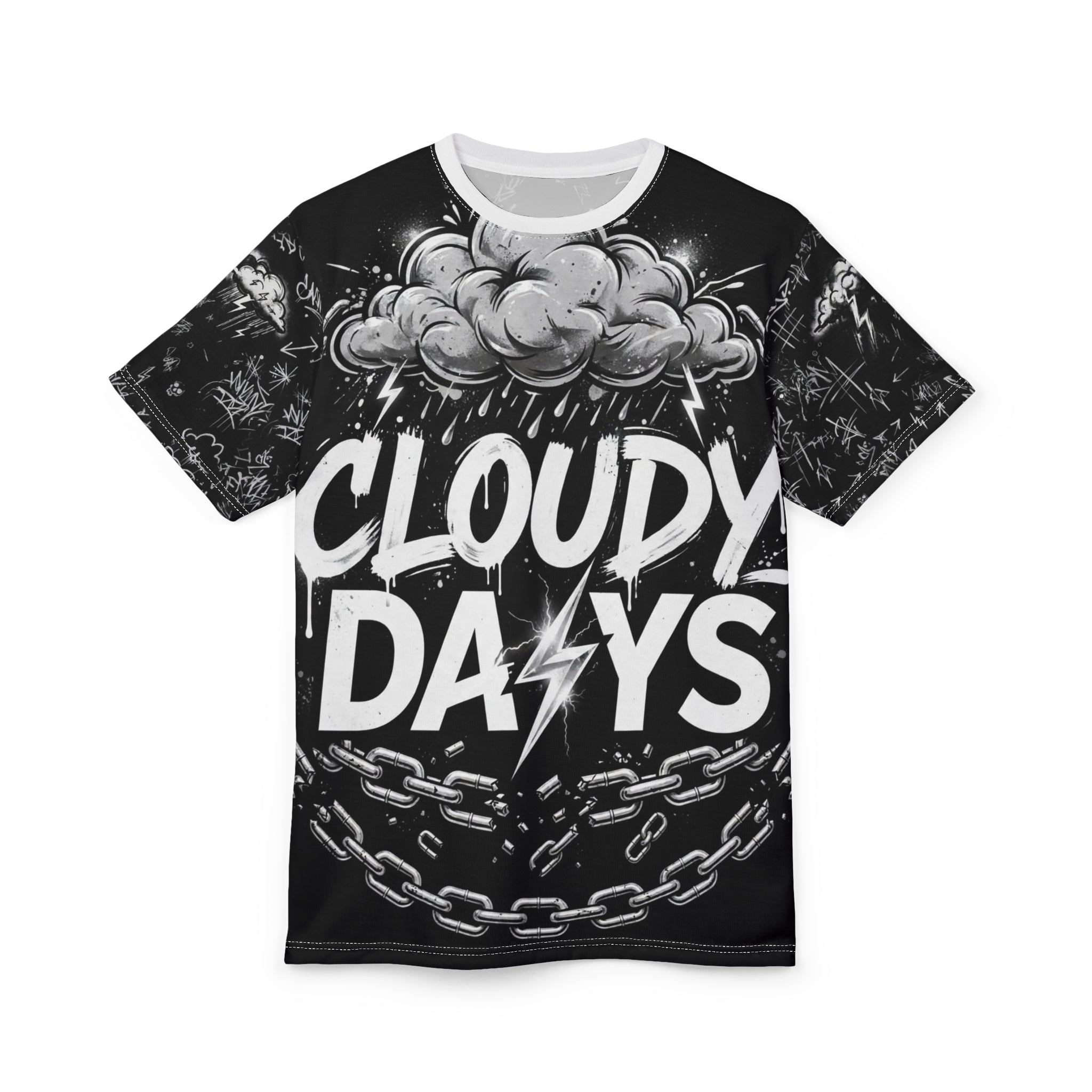 Cloudy Days Graphic Tee — Monochrome Storm Lightning Design