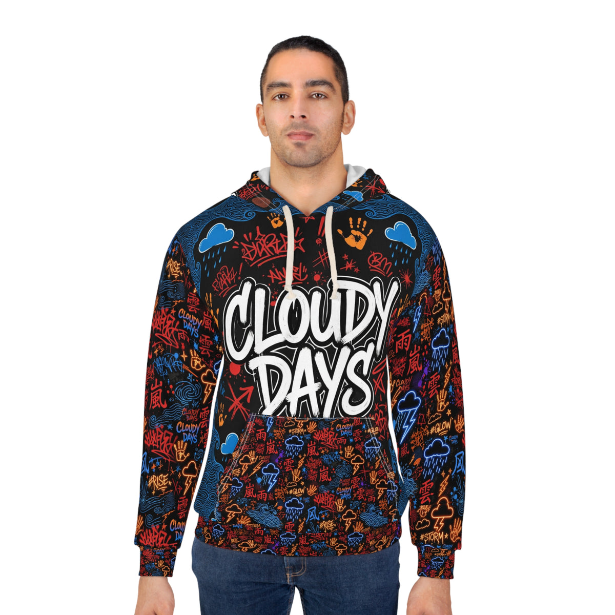 Cloudy Days Graphic Hoodie – All-Over Print Weather Graffiti Pullover