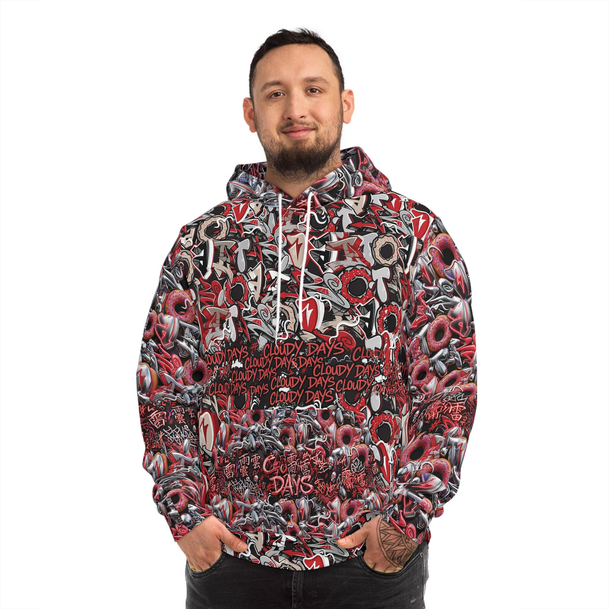 All-Over Print Hoodie — cloudyDays" Grunge Lip & Chain Pattern