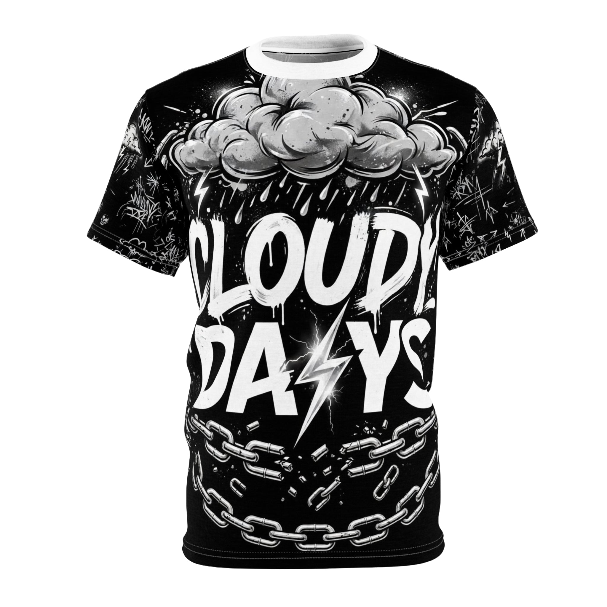 Cloudy Days Graphic Tee — Monochrome Storm Lightning Design